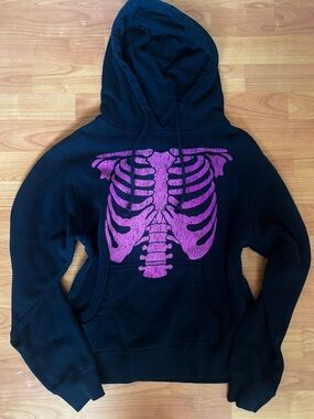 Black & Pink Skeleton Print Graphic Grunge Goth Y2K Hoodie